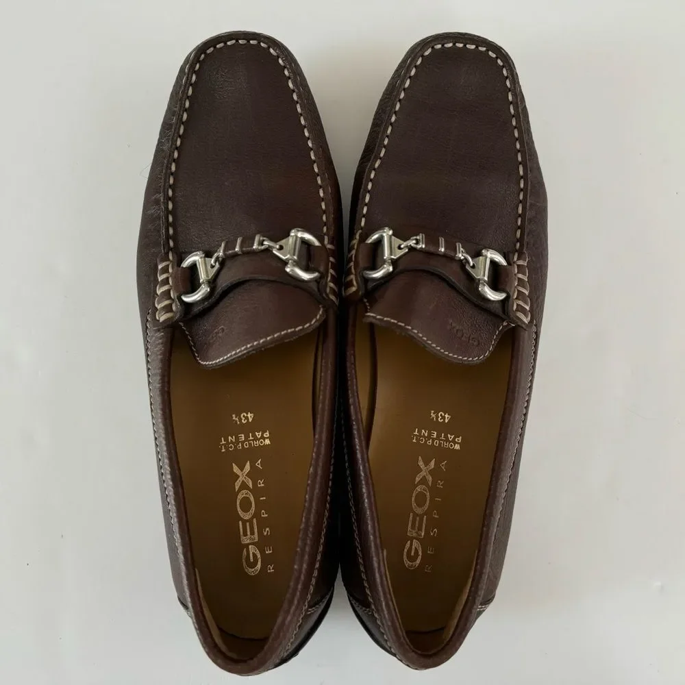 Geox Respira Brown Leather Slip on Shoes Loafer Horsebit Comfort EU 43.5 US 10